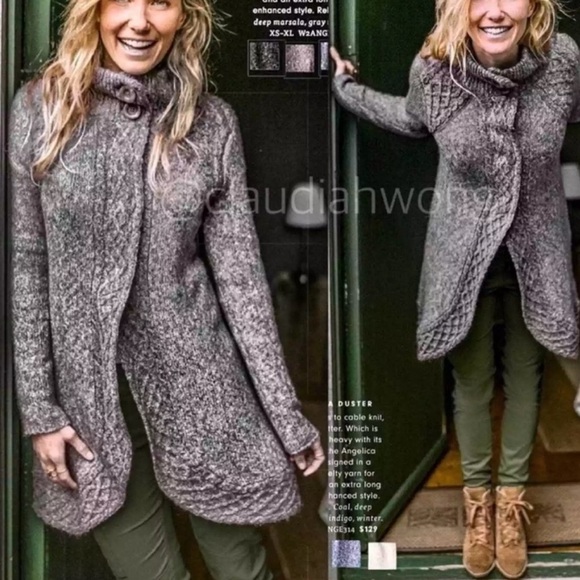 PrAna Angelica Charcoal Gray Long Cardigan Sweater Contrast Wool Mohair Trim LRG - Picture 2 of 16